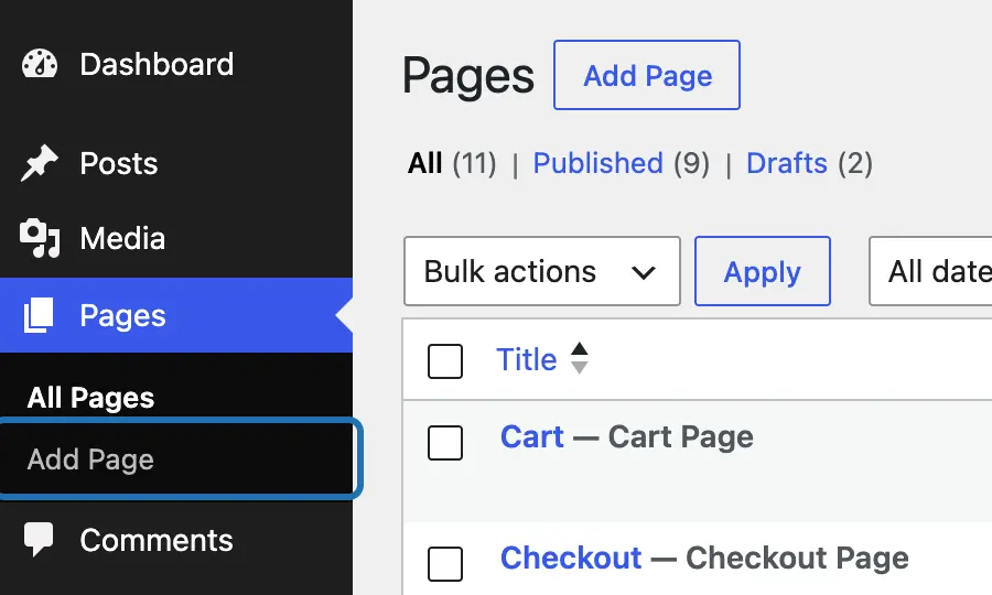 The WP dashboard menu with Pages open and Add Page outlined, beside the top of the Pages screen