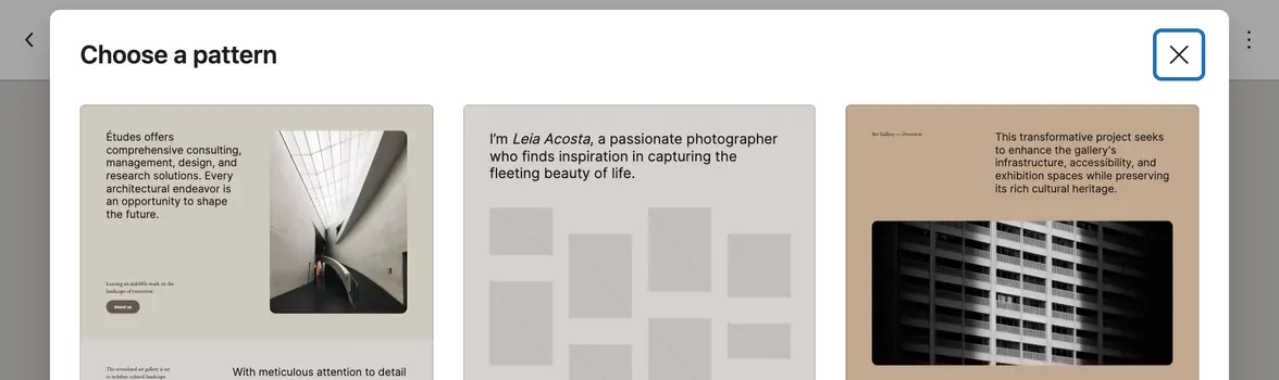 The Choose a pattern box WP shows for a new page, its Close button outlined at the top right
