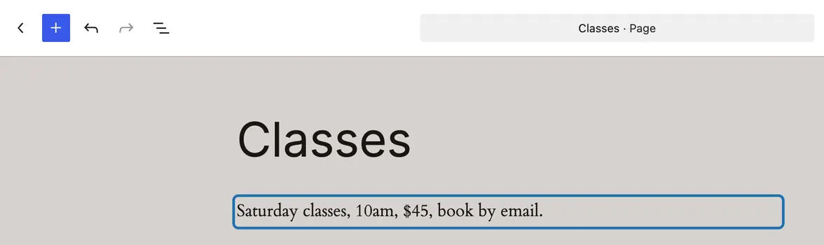 The same page with one paragraph typed under the title: Saturday classes, 10am, $45, book by email