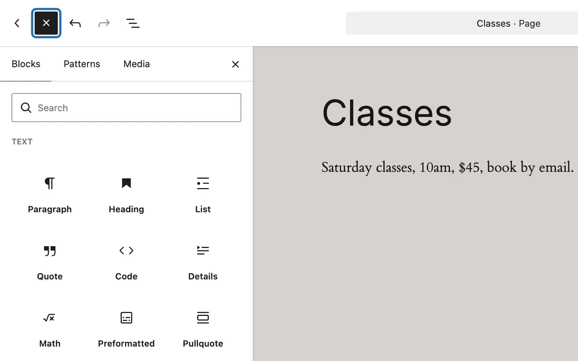 The block list open on the left after pressing the + at the top left: Paragraph, Heading, List and more