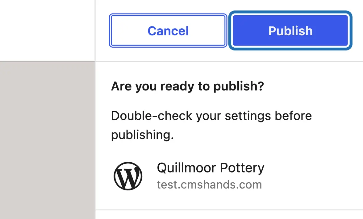 The Are you ready to publish? panel, with its Publish button outlined at the top right