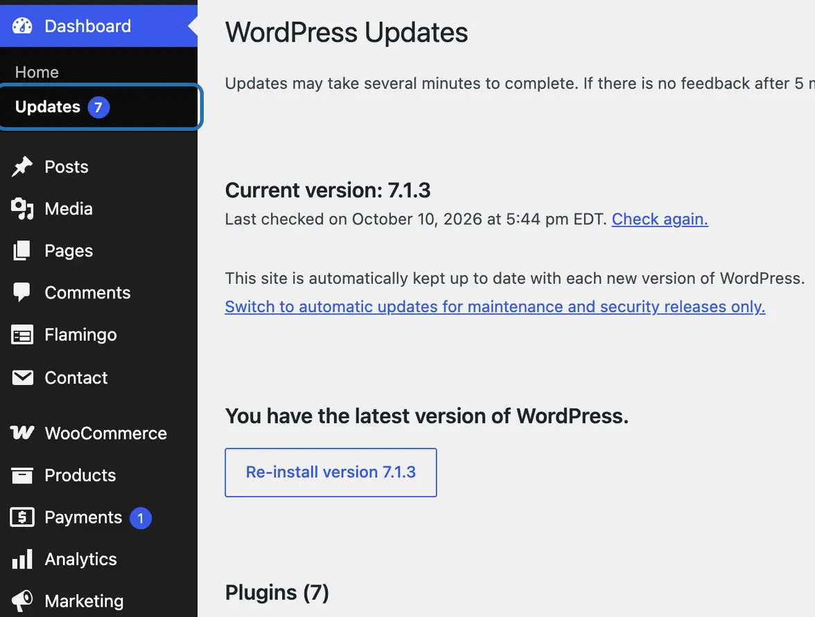 Dashboard › Updates outlined in the menu; the page says WP 7.1.3 is current and 7 plugins have a new version
