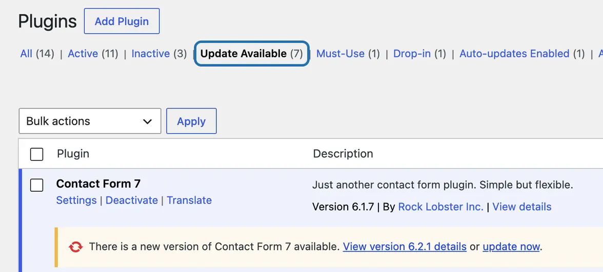 The Update Available filter on the Plugins screen, outlined, above the new-version notice for one plugin