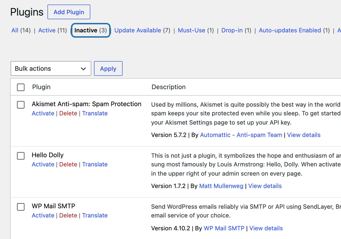 The Inactive filter on the Plugins screen, outlined, listing 3 switched-off plugins, each with a Delete link