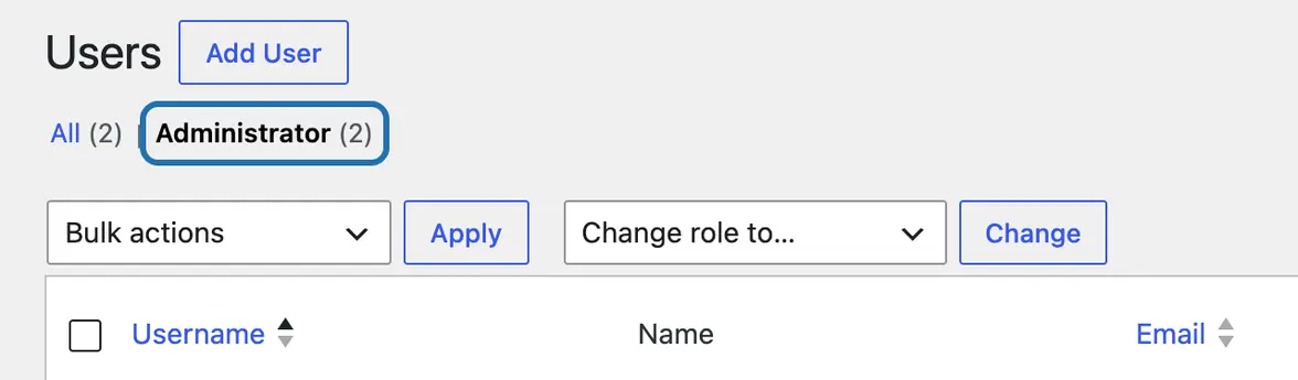 The Administrator filter on the Users screen, outlined: this site has 2 administrators