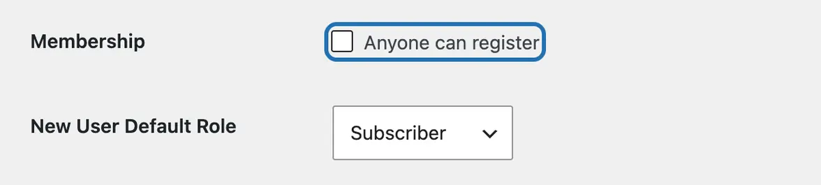 Anyone can register, unticked and outlined, above New User Default Role set to Subscriber