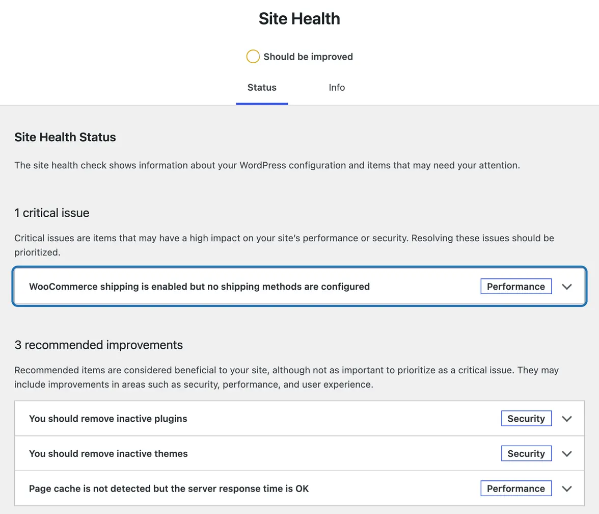 Site Health's Status and Info tabs, above the site's 1 critical issue, outlined