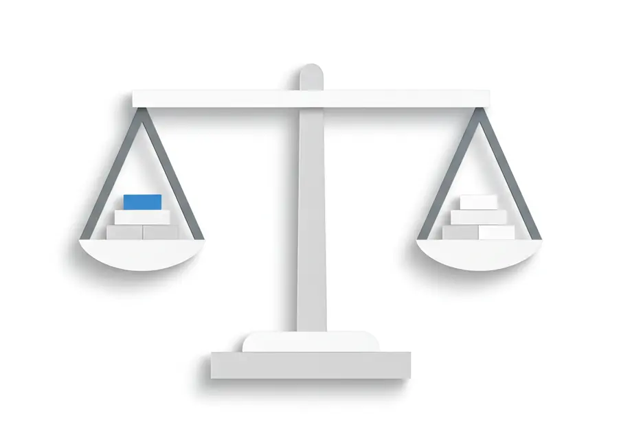 A paper balance scale with small tiles on each pan, one of them blue: two or three plugins weighed for each job.
