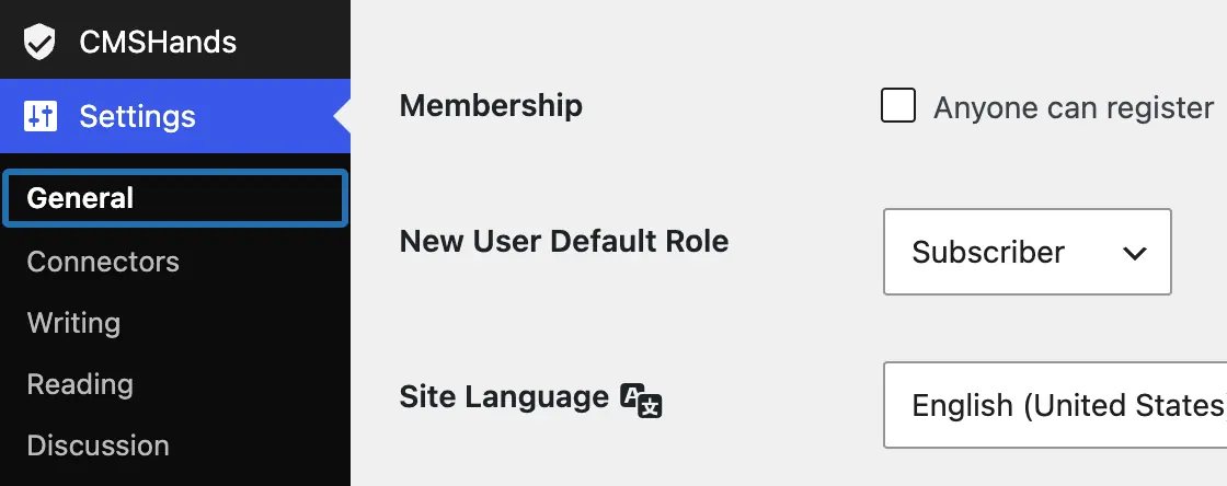 The WP dashboard menu with Settings open and General outlined