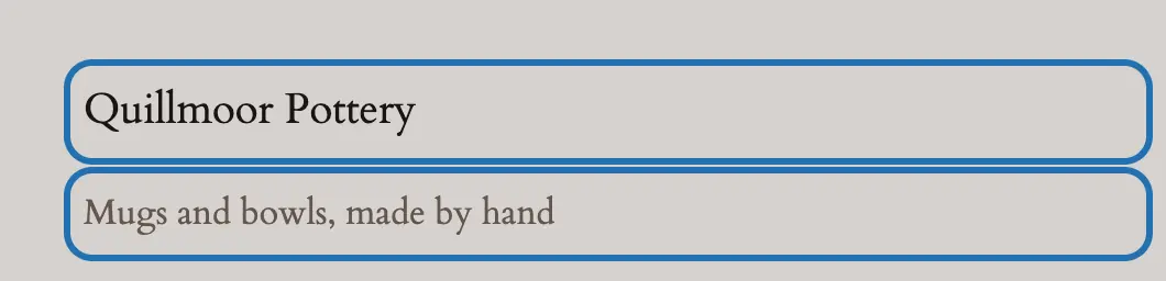 The footer of the test site, a block theme, with the site title and the tagline under it outlined