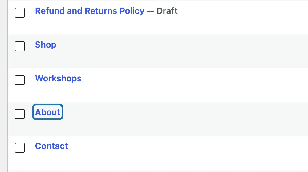 The list of pages under Pages › All Pages, with the About page's name outlined
