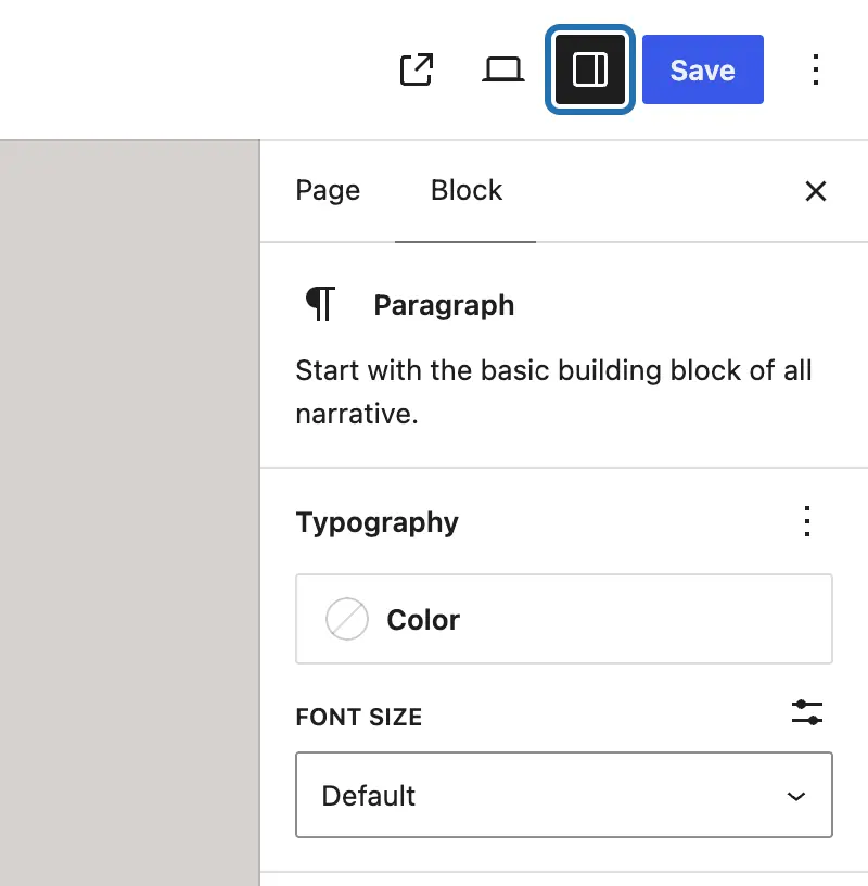 The top right of the editor: the Settings button outlined next to Save, and the Block tab with Typography below