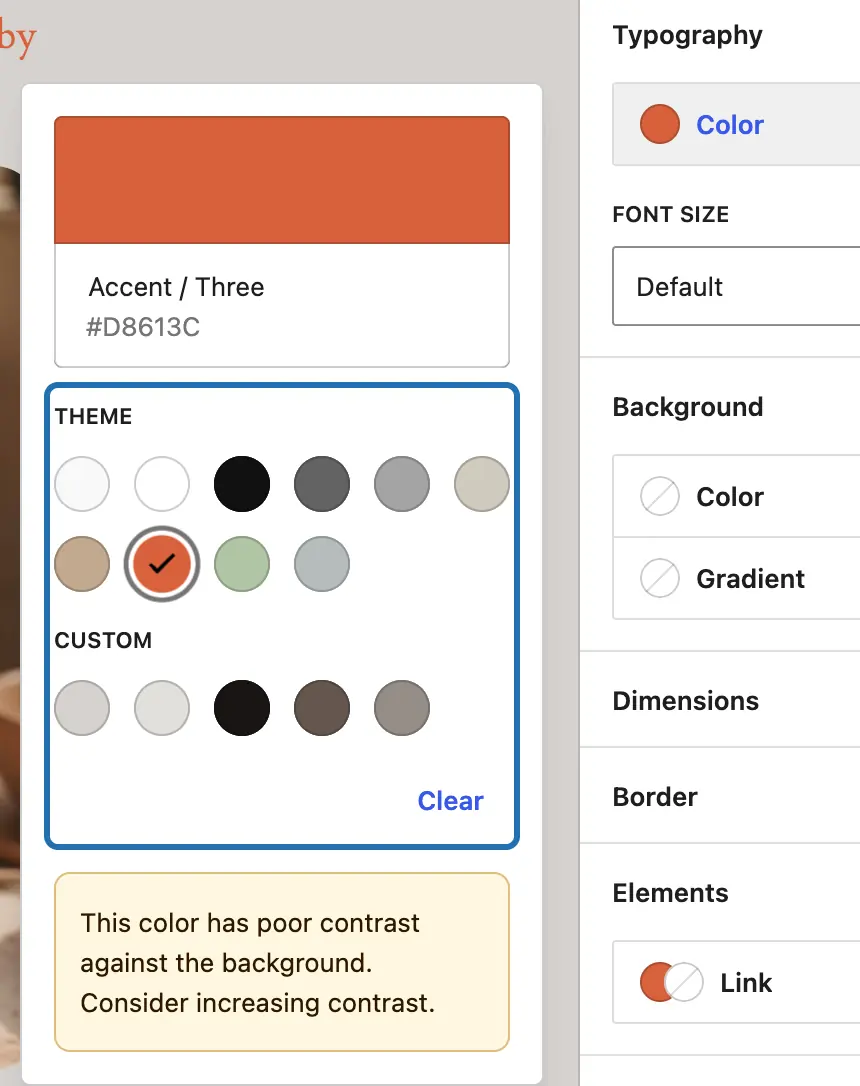 Typography › Color open: the theme's colors outlined, Accent / Three (#D8613C) picked, and WP's poor-contrast warning below