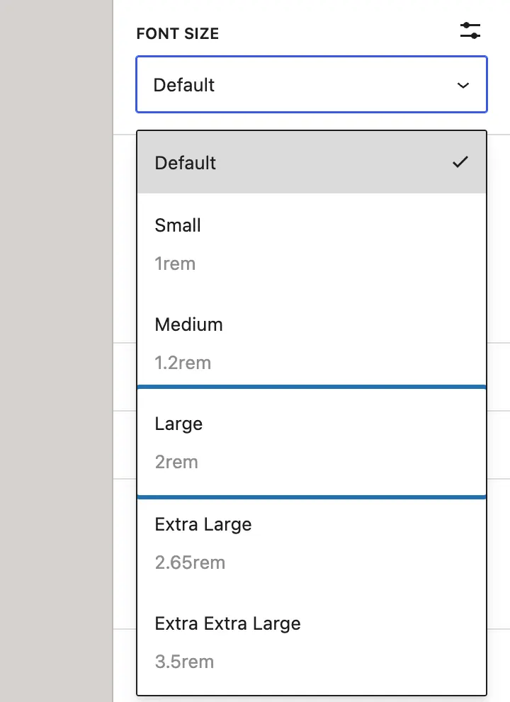 The Font size list open under Typography: Default, Small, Medium, Large (outlined), Extra Large and Extra Extra Large