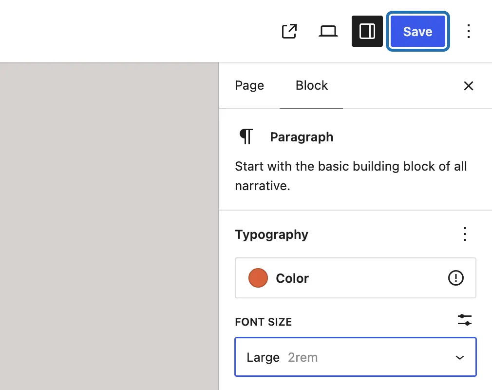 The top right of the editor: Save outlined, and the panel below showing the orange color and Font size set to Large