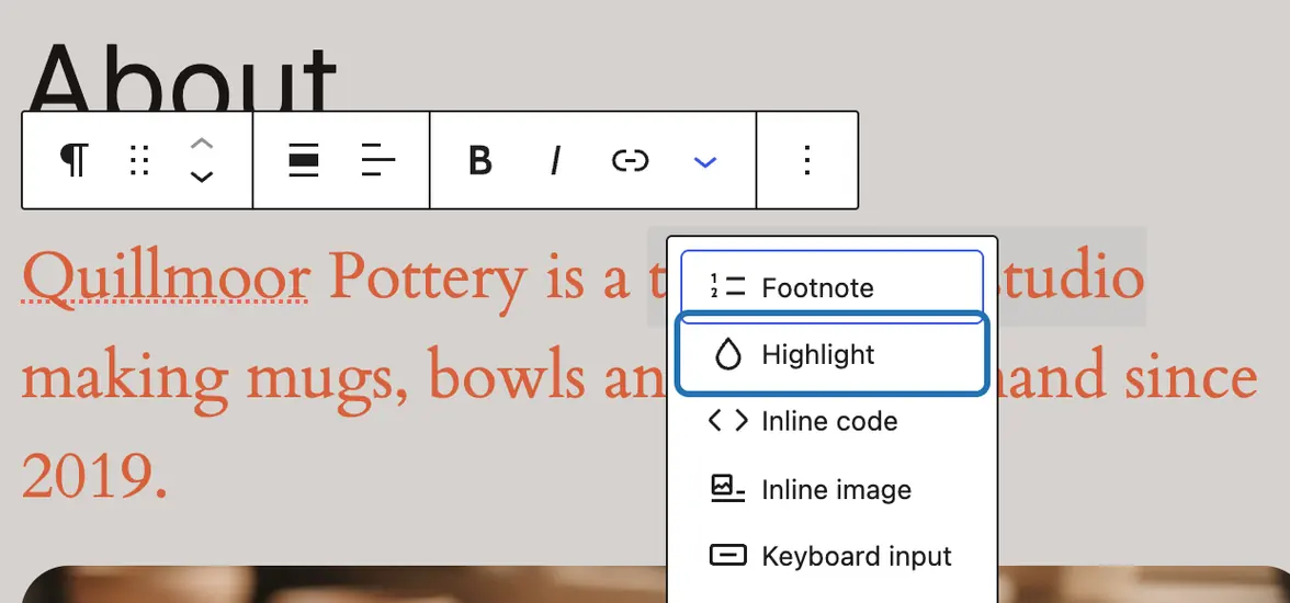 A few words selected, the toolbar's down arrow pressed, and Highlight outlined in the menu that opens