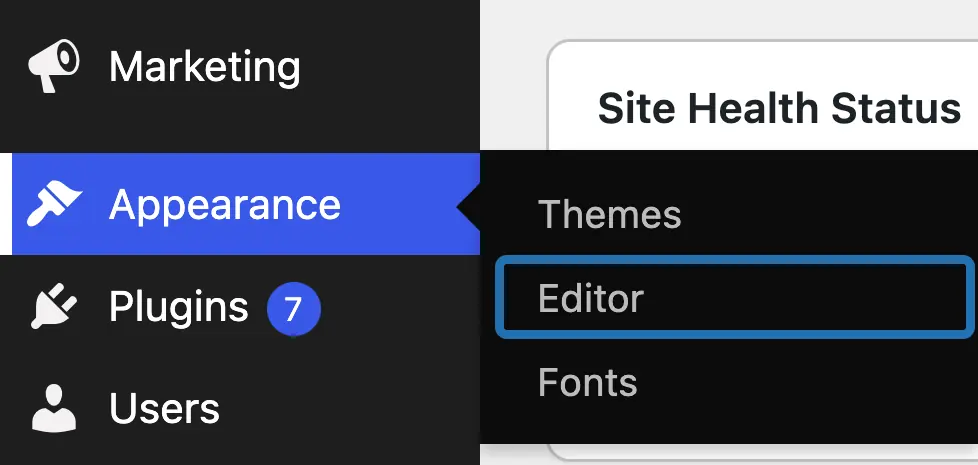 The WP dashboard menu with Appearance open and Editor outlined, between Themes and Fonts