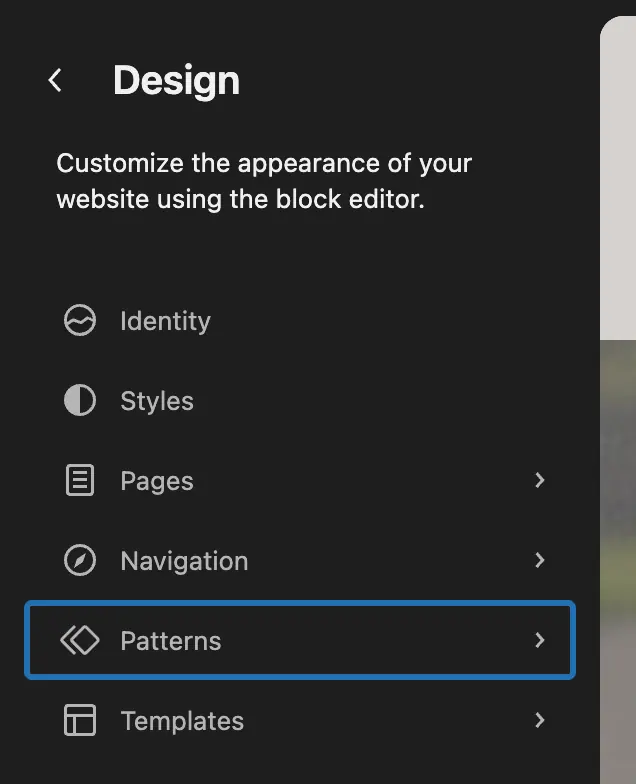 The Site Editor's dark menu, Design, with Patterns outlined between Navigation and Templates