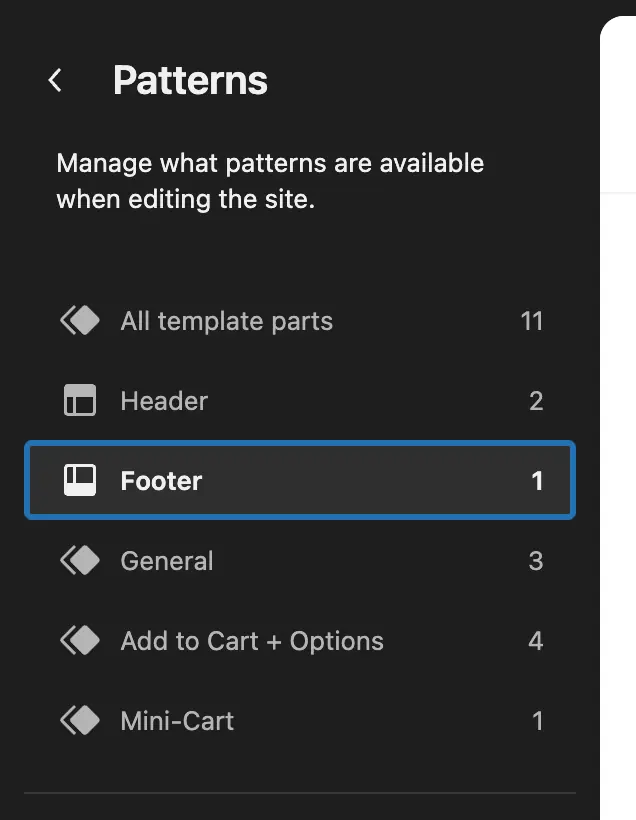 The Patterns menu with the template parts at the top, and Footer outlined below Header