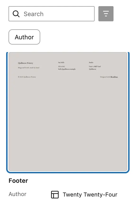 The footer as a small picture, outlined, with its name, Footer, and the theme, Twenty Twenty-Four, under it