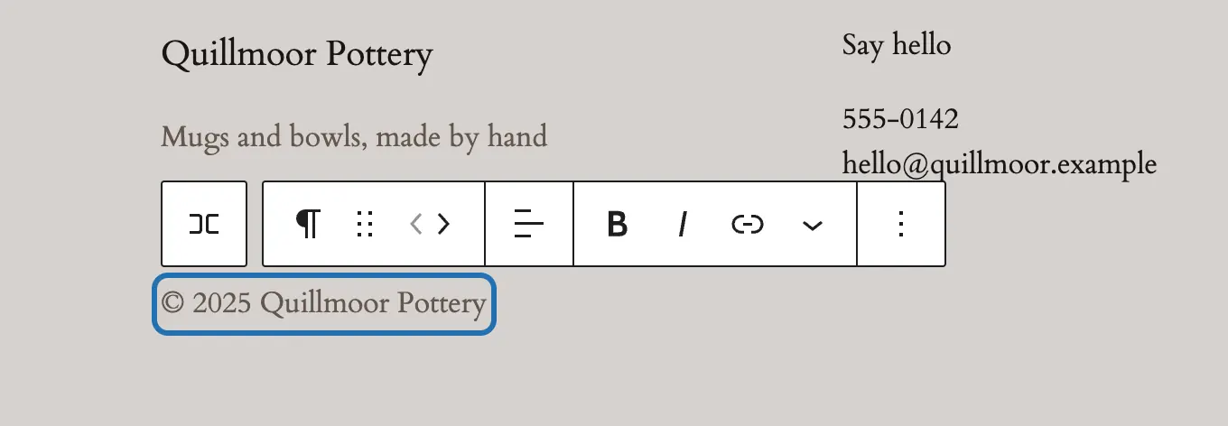The footer open in the Site Editor, its copyright line clicked and outlined, © 2025 Quillmoor Pottery