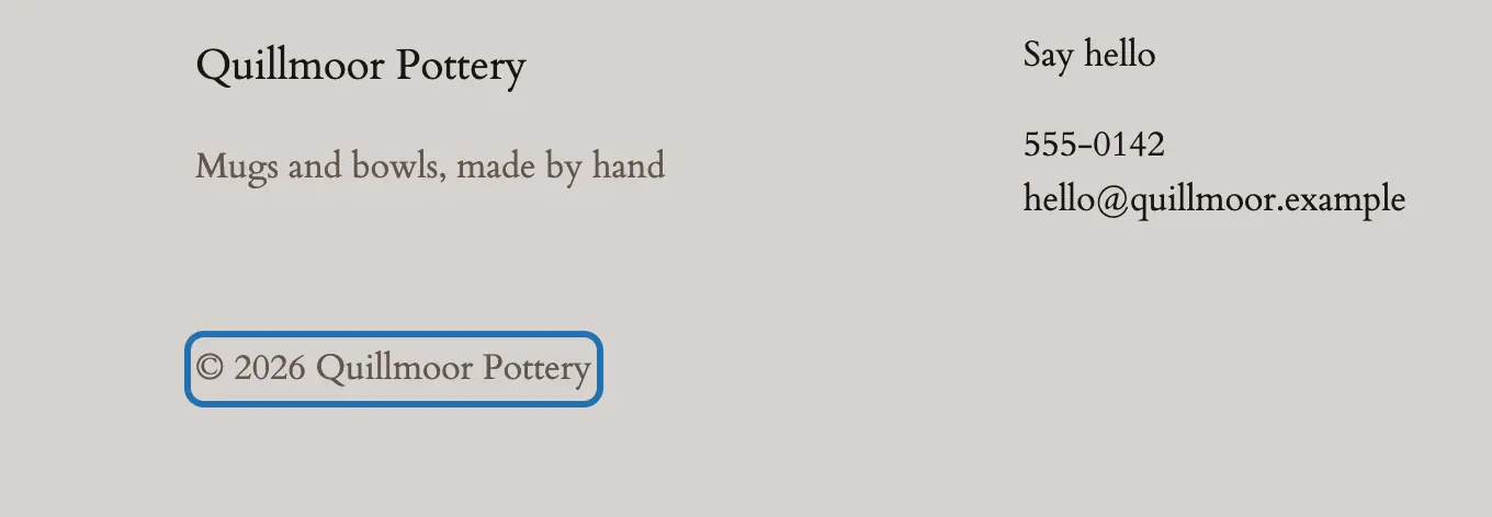 The same line after typing the new year: © 2026 Quillmoor Pottery, not saved yet