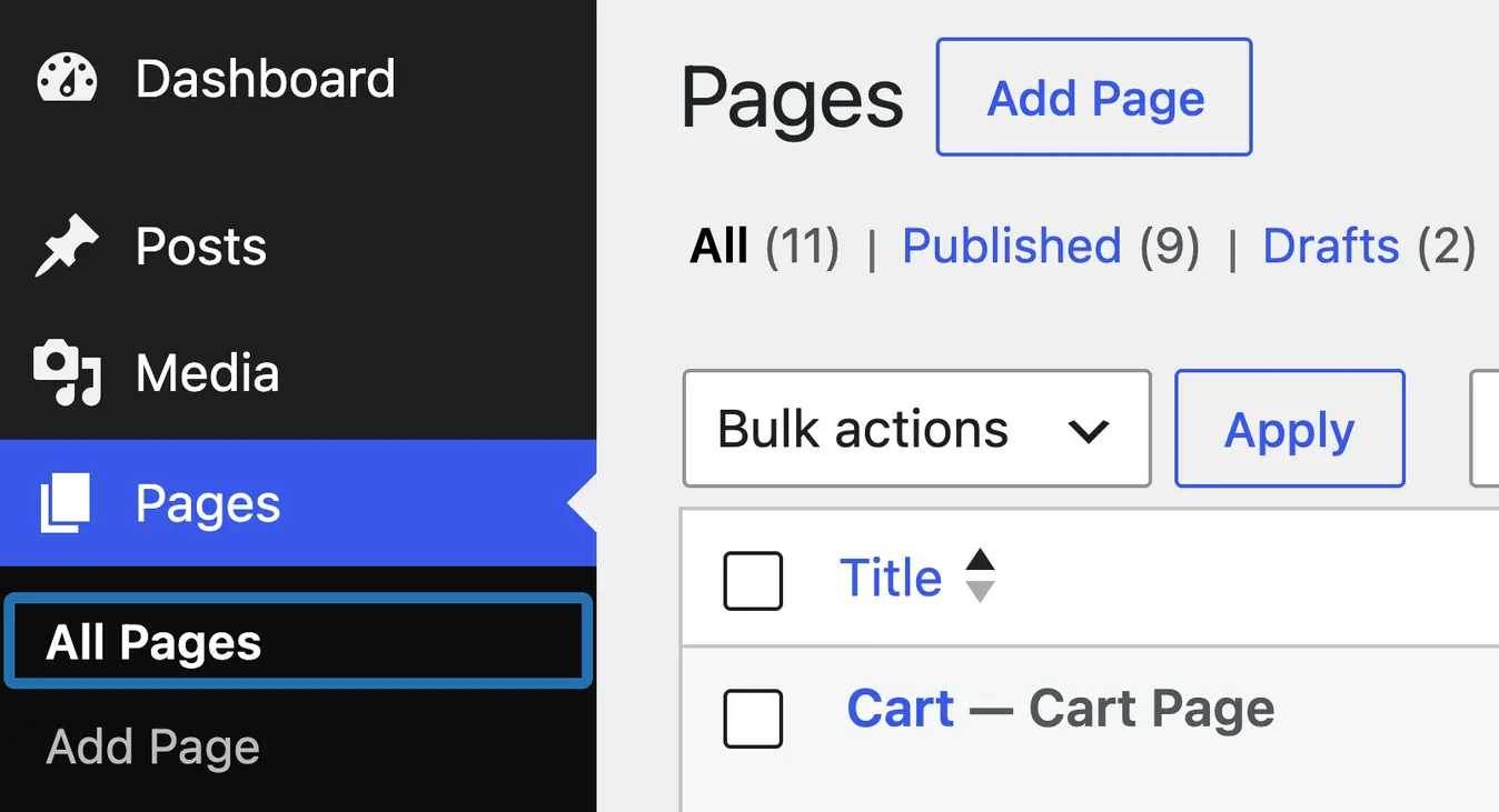 The WP dashboard menu with Pages open and All Pages outlined
