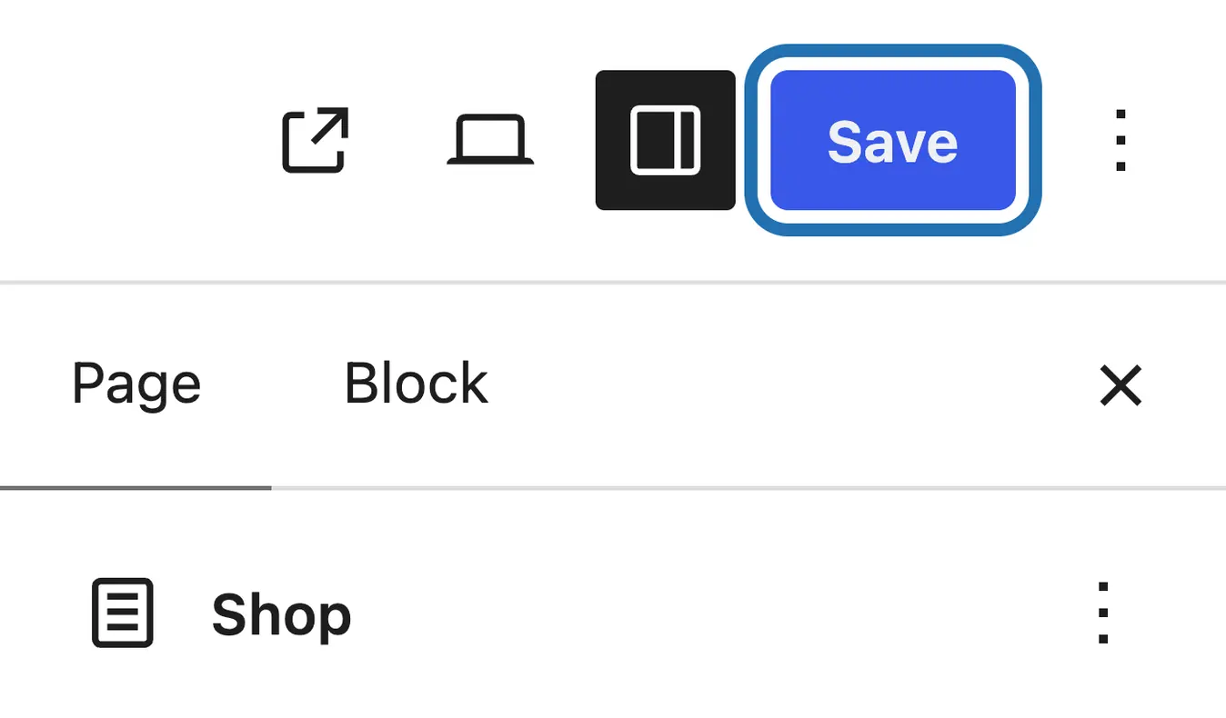 The top right of the editor: the Save button outlined, and under it the Page panel for Shop