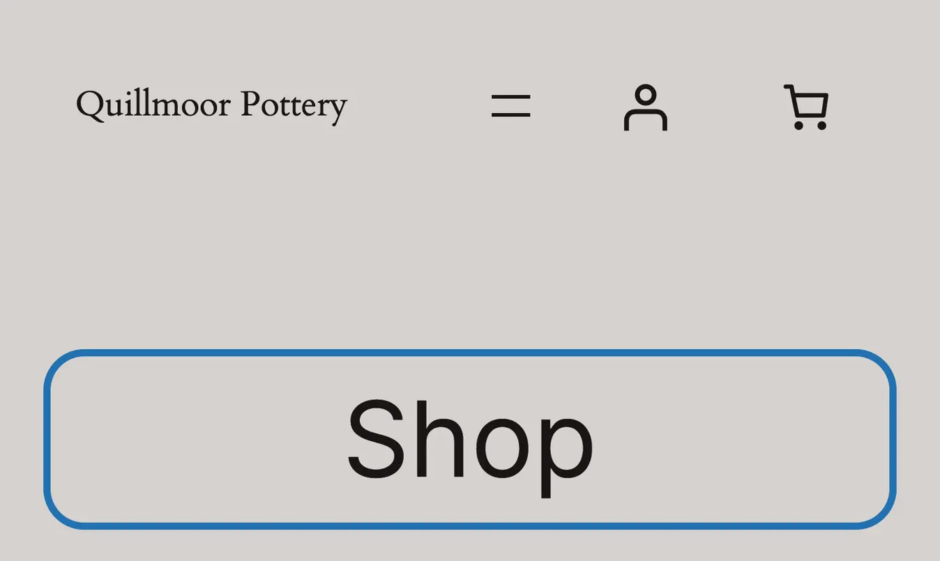 The Shop page on the test site at phone size, a block theme, with the page title at the top outlined