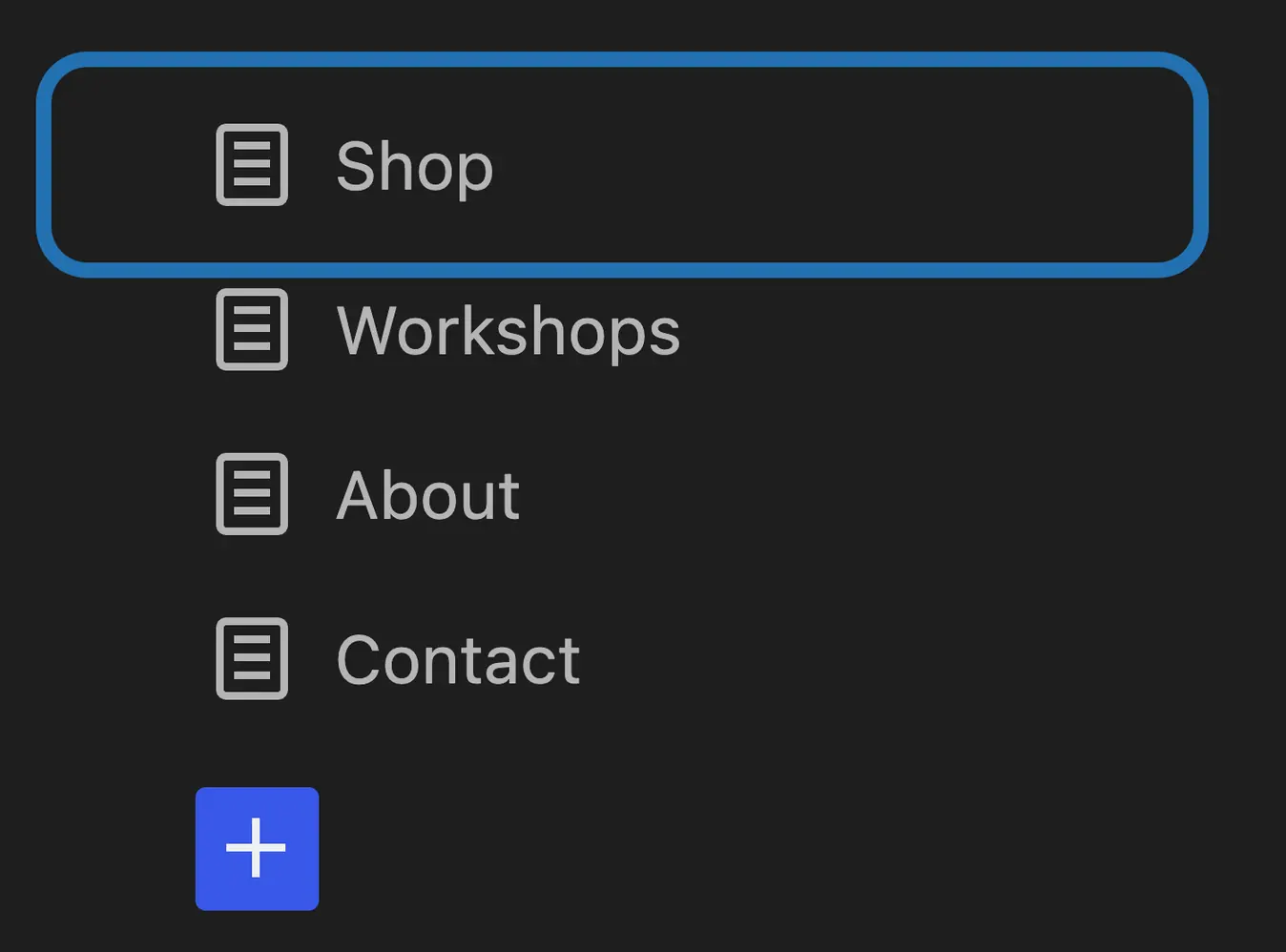 The Main menu's links in Appearance › Editor › Navigation, with its Shop link outlined