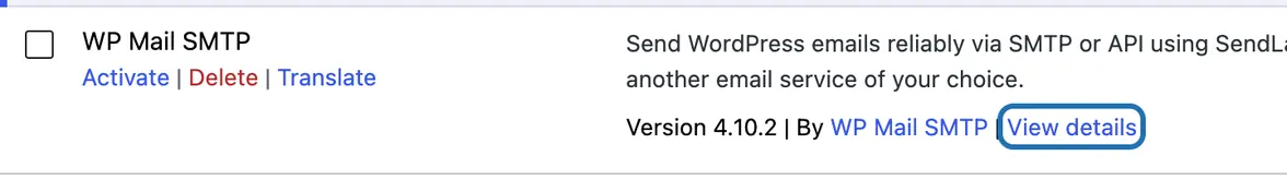 WP Mail SMTP on the Installed Plugins screen, its View details link outlined