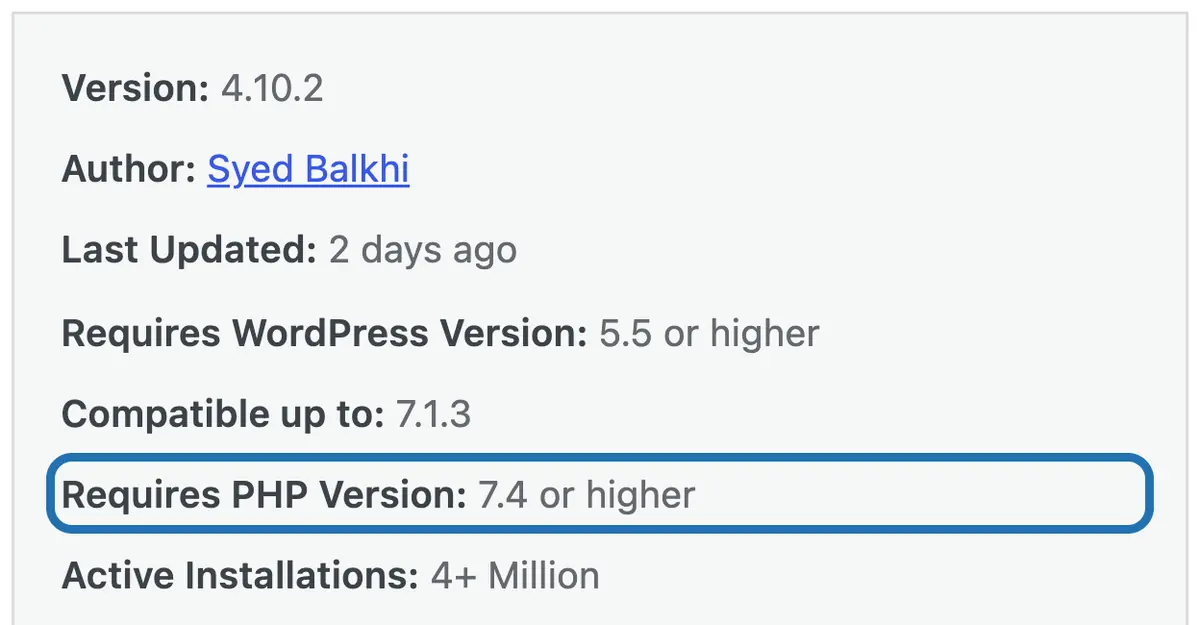 The plugin's details window, its Requires PHP Version line outlined: 7.4 or higher