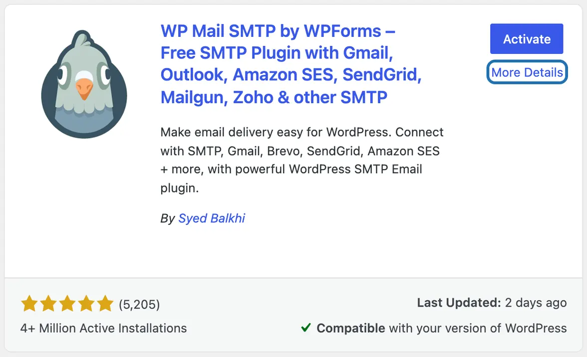 A plugin card in the Add Plugins search results, its More Details link outlined