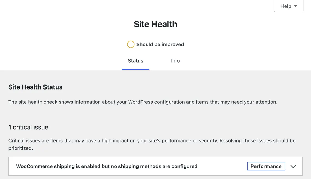 The top of Site Health: an orange circle marked Should be improved, with 1 critical issue listed below it
