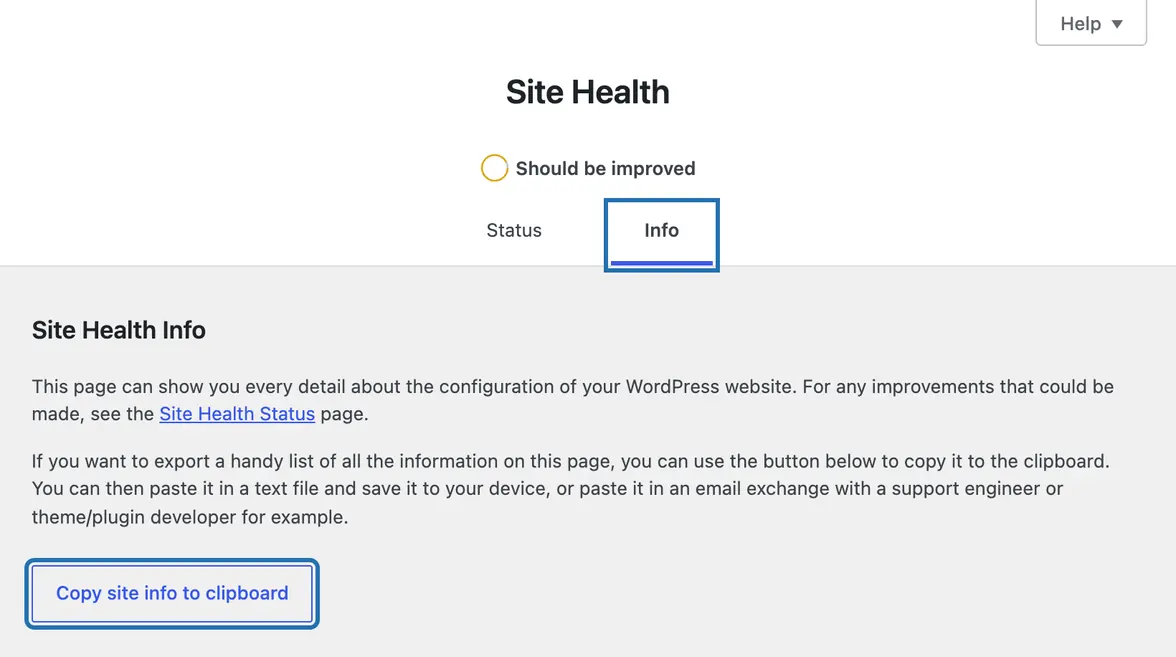 The Info tab of Site Health, with the Info tab and the Copy site info to clipboard button outlined