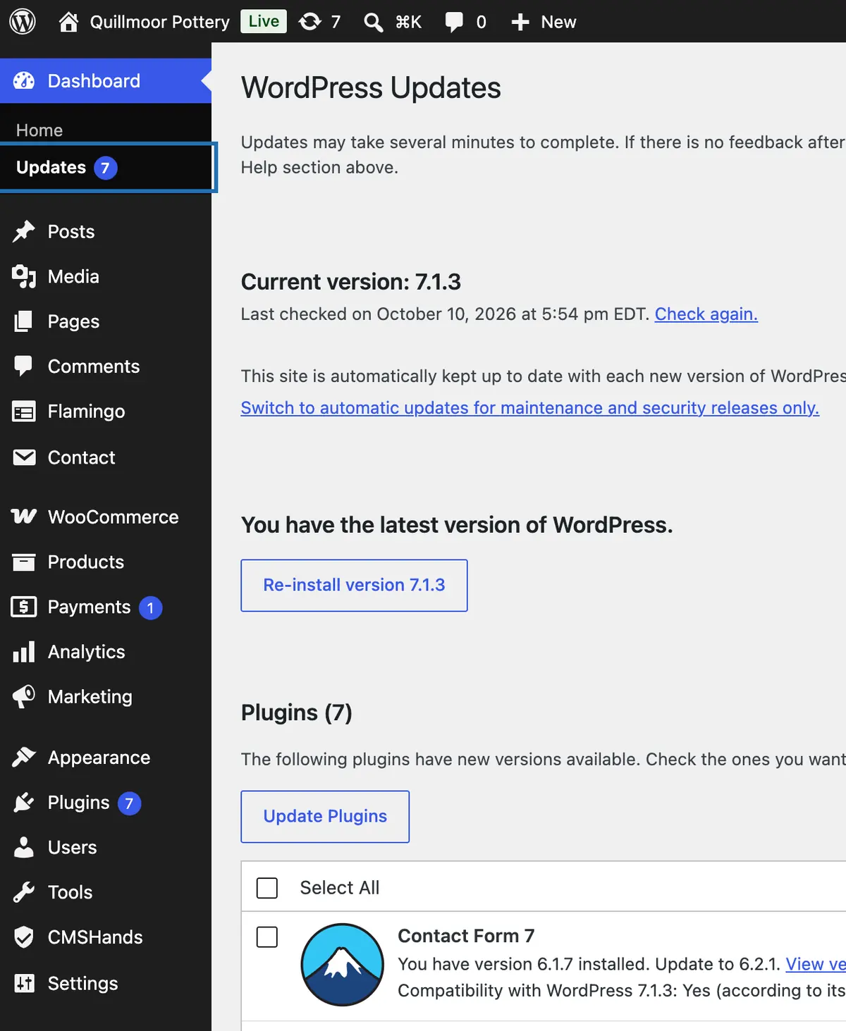 The Updates screen, opened from Dashboard › Updates (outlined): WP 7.1.3 is current, and 7 plugins have updates waiting