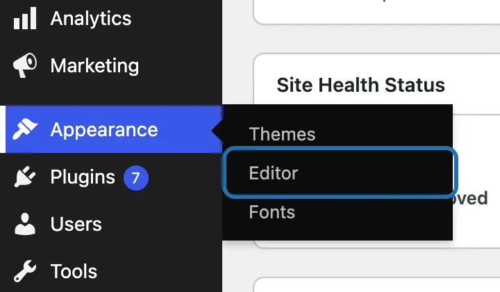 The WP dashboard menu with Appearance pointed at, its submenu open and Editor outlined
