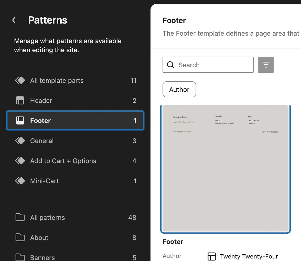 Patterns with Footer chosen under template parts, and the footer's picture outlined: click it to open the footer