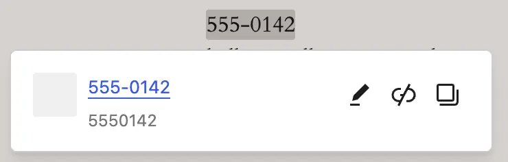 555-0142 turned into a link, and the link's box under it showing 5550142, the digits a phone dials