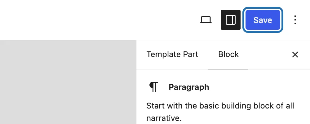 The Save button at the top right of the Site Editor, outlined