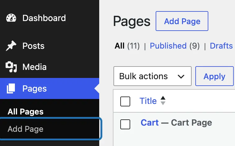 The WP dashboard menu with Pages open and Add Page outlined, next to the Add Page button