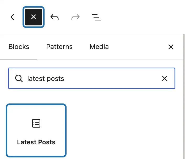 The block panel open at the top left, latest posts typed in its search box and the Latest Posts block outlined