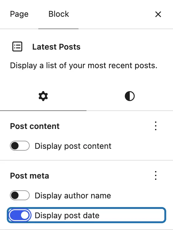 The Block panel for Latest Posts, with Display post date switched on and outlined