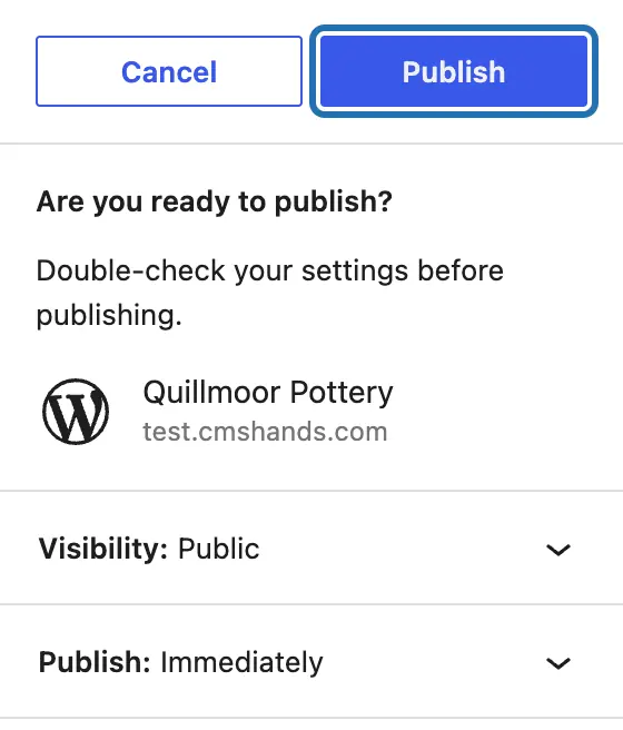 The panel that asks Are you ready to publish?, with its second Publish button outlined