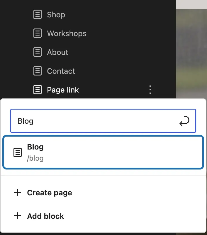 The menu's links in Appearance › Editor › Navigation, with + pressed, Blog typed and the Blog page outlined