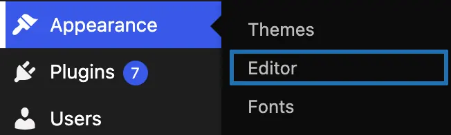 The dashboard menu with Appearance open and Editor outlined: the way into the Site Editor on a block theme