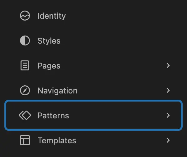 The Site Editor's list on the left: Identity, Styles, Pages, Navigation, then Patterns outlined, then Templates