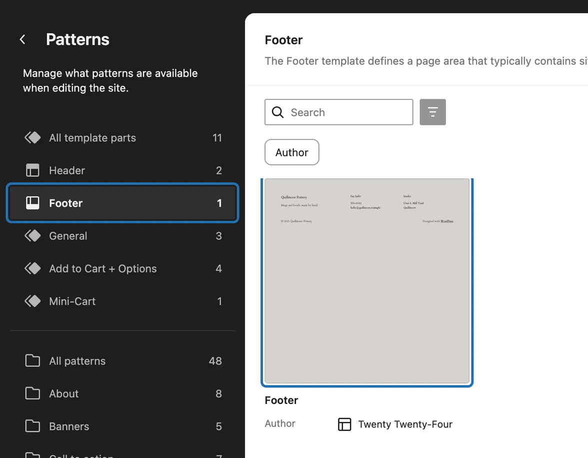 Patterns with Footer outlined in the list on the left, and the footer's picture outlined on the right