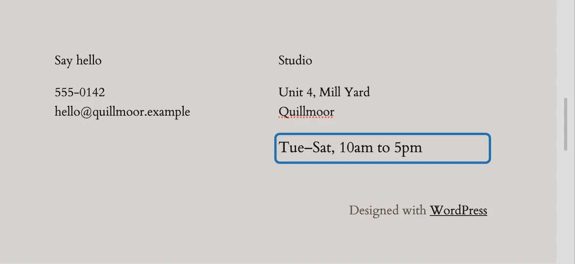 A new line, Tue–Sat, 10am to 5pm, typed under the address and outlined, not saved yet