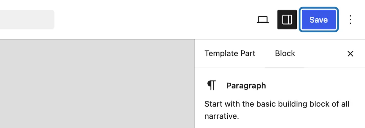 The top right of the editor with the blue Save button outlined